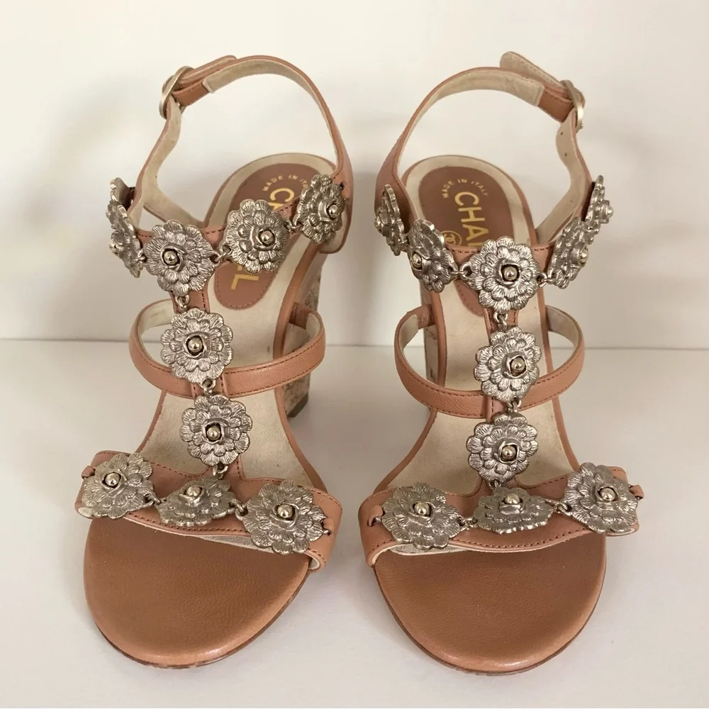 Chanel cc logo camellia charm sandal wedges